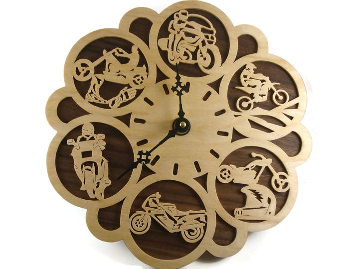 Motorcycle Themed Wall Hanging Clock Handmade From Birch And Walnut Plywood By KevsKrafts