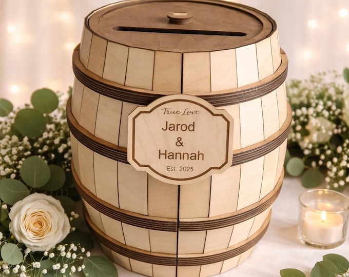 Featured listing image: Wedding Card Box Rustic Whisky or Wine Barrel with Personalization Name and Date