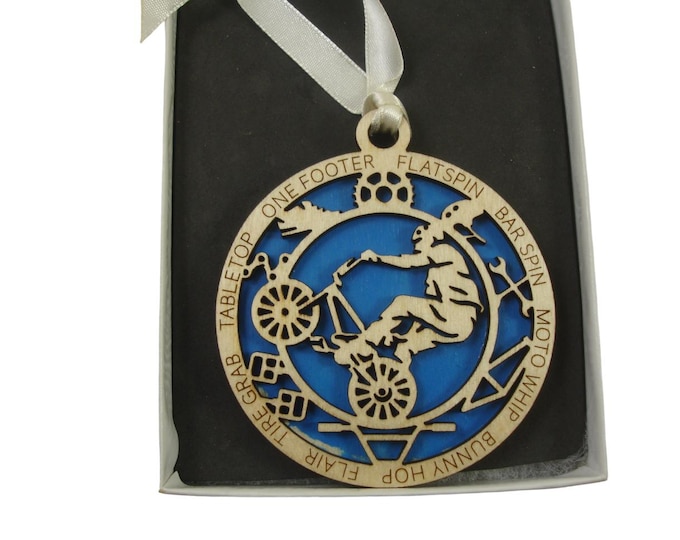 Boy BMX Bike Rider Ornament Laser Engraved From Birch Wood