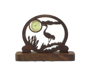 Sandhill Crane Scene Mini Desk Clock Handmade From Walnut Wood