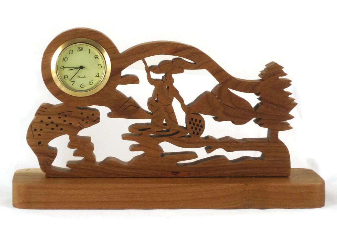 Trout Fishing Scene Desk Clock Handmade From Cherry Wood Etsy