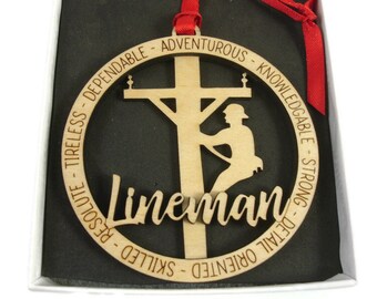 Utility Worker Lineman Laser Engraved Christmas Ornament From Birch Wood