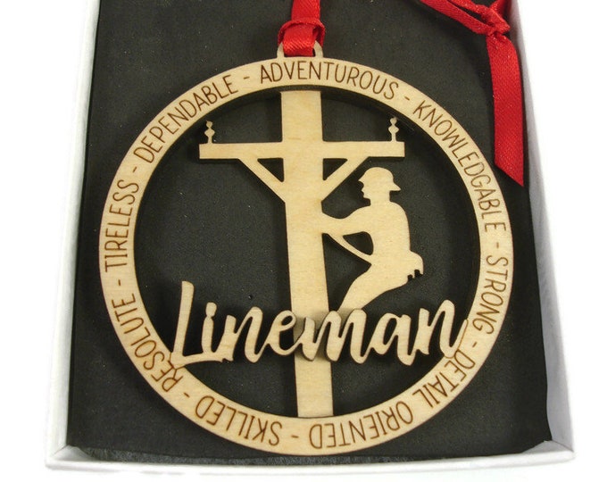 Utility Worker Lineman Laser Engraved Christmas Ornament From Birch Wood