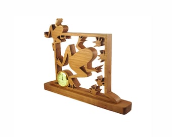 Frogs With Footprints Mini Desk Clock Handmade From Cherry 1-7/16 Quartz Clock
