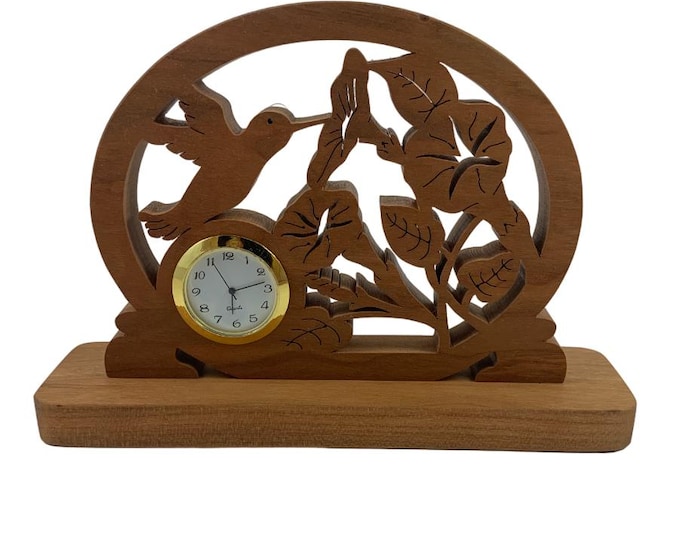Humming Bird Getting Nectar From A Trumpet Vine Desk Or Shelf Clock Handmade From Cherry Wood By KevsKrafts