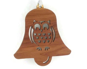 Owl Christmas Ornament Bell Shaped Handcrafted from Cedar Wood