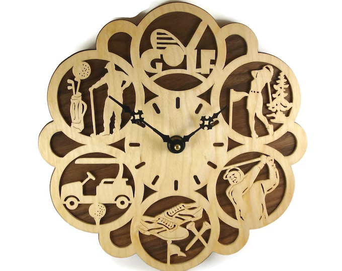 Golf Or Golfing Themed Wall Hanging Clock Handmade From Birch And Walnut Plywood By KevsKrafts