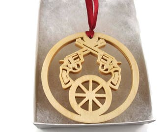 Handmade Birch Wood Western Christmas Ornament: Pistols & Wagon Wheel