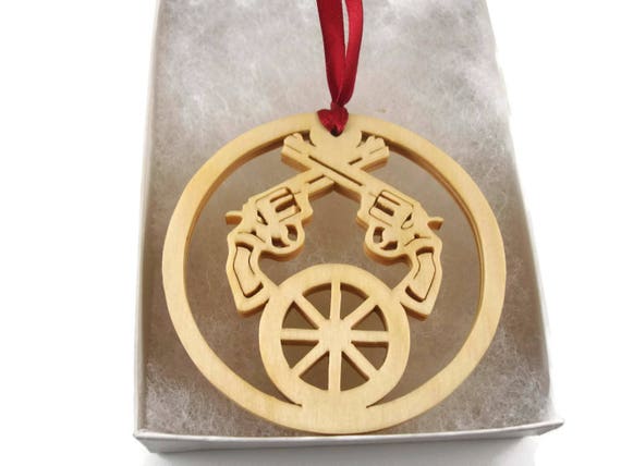 Handmade Birch Wood Western Christmas Ornament: Pistols & Wagon Wheel