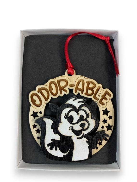 Funny Skunk Ornament "Odor-Able" Laser Engraved and Hand Painted Gag Gift