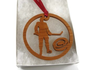 Hockey Player With Hockey Puck Christmas Ornament Handmade From Cherry Wood By Kevskrafts