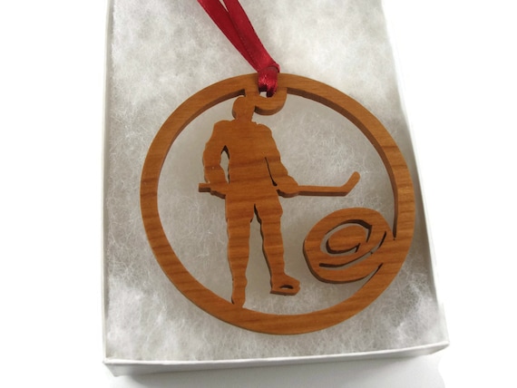 Hockey Player With Hockey Puck Christmas Ornament Handmade From Cherry Wood By Kevskrafts
