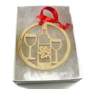 Wine Glasses And Bottle Of Wine Christmas Ornament Handmade From Birch Wood By KevsKrafts BN-15