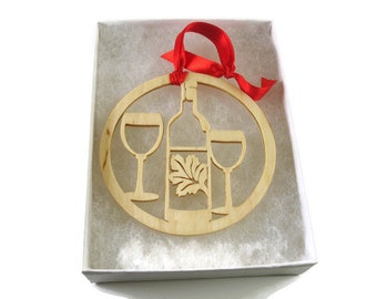 Handmade Birch Wood Wine Christmas Ornament: Wine Bottle & Glasses