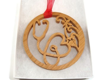 Doctor, Nurse, Or Veteranarian Stethoscope Christmas Ornament Handemade From Cherry Wood By KevsKrafts BN-003-3