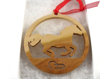 Running Horse With Horse Shoes Christmas Ornament Handmade From Cherry Wood By KevsKrafts