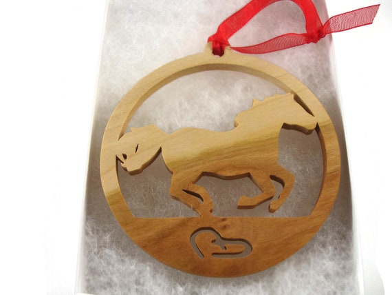 Running Horse With Horse Shoes Christmas Ornament Handmade From Cherry Wood By KevsKrafts