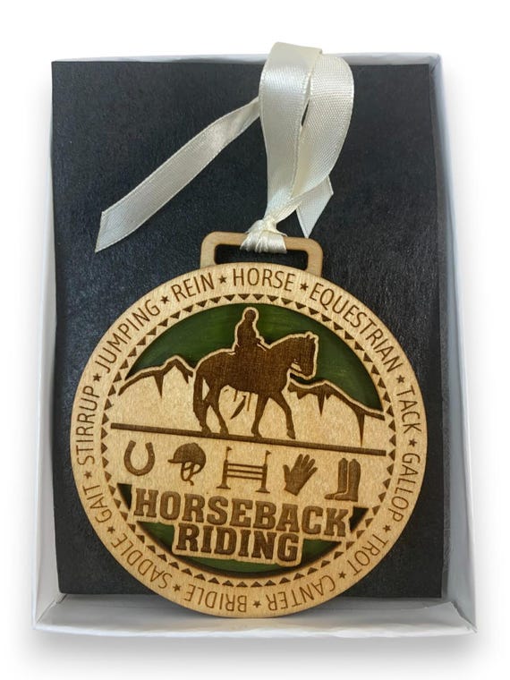 Horseback Riding Wooden Ornament, Equestrian Themed Christmas Tree Decoration with Ribbon, Horse Lover Gift