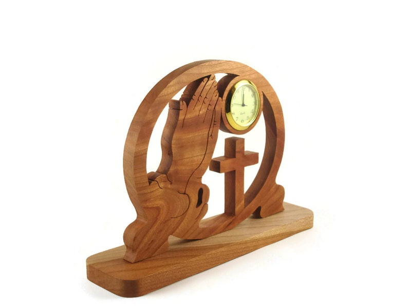 Praying Hands and Cross Desk Clock Handmade From Cherry Wood By KevsKrafts Woodworking image 3