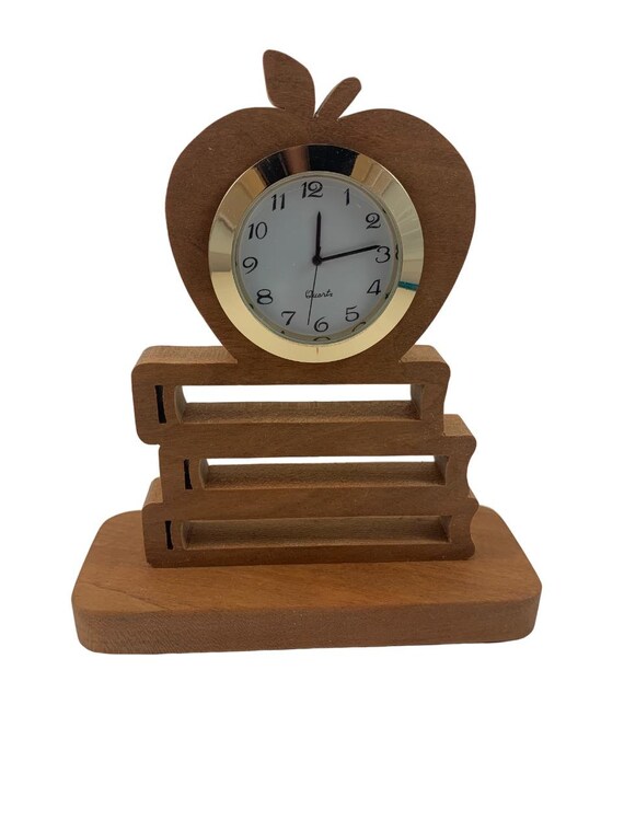 Handmade Cherry Wood Teacher Desk Clock: Apple & Books