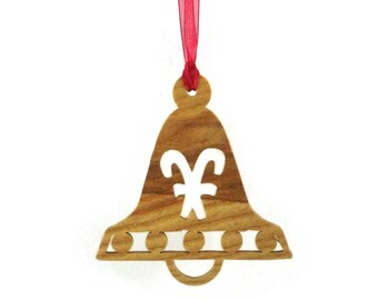 Christmas Bell With Candy Canes Ornament Handmade From Ash Wood