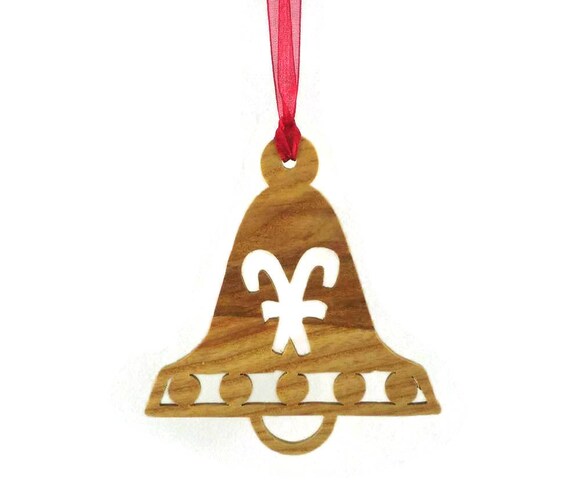 Christmas Bell With Candy Canes Ornament Handmade From Ash Wood