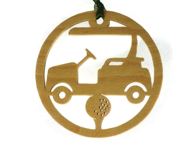 Golf Cart With Golfing Tee And Golf Ball Christmas Ornament Handmade From Birch Wood BN-15LB