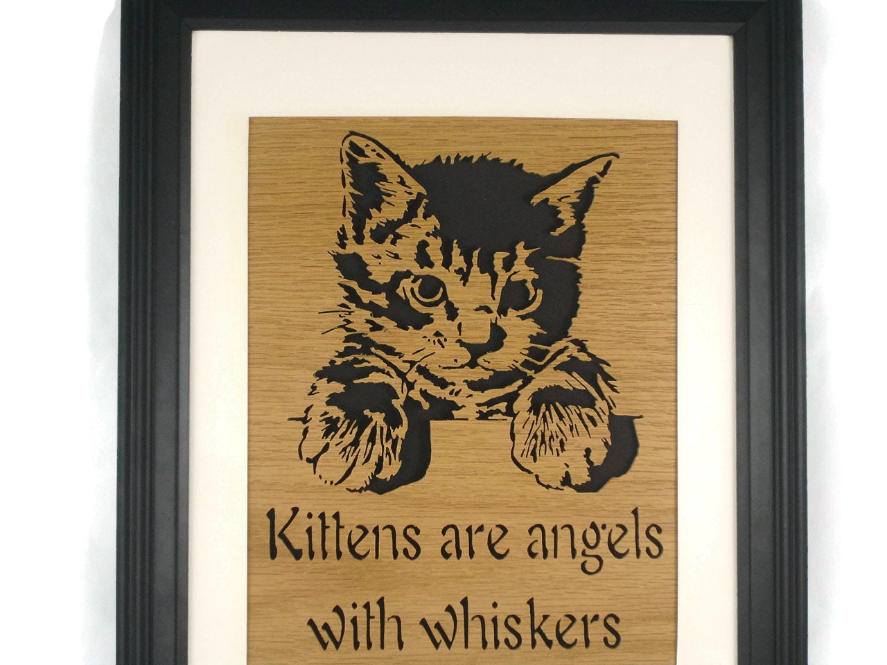 Cat Or Kitten Wood Wall Art Decor Handmade From Oak Wood Framed In