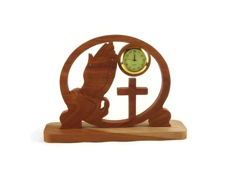 Praying Hands and Cross Desk Clock Handmade From Cherry Wood By KevsKrafts Woodworking image 1