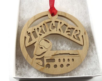 Trucker Truck Driver Christmas Ornament With CB Radio Handmade From Maple Wood By KevsKrafts BN-002-6