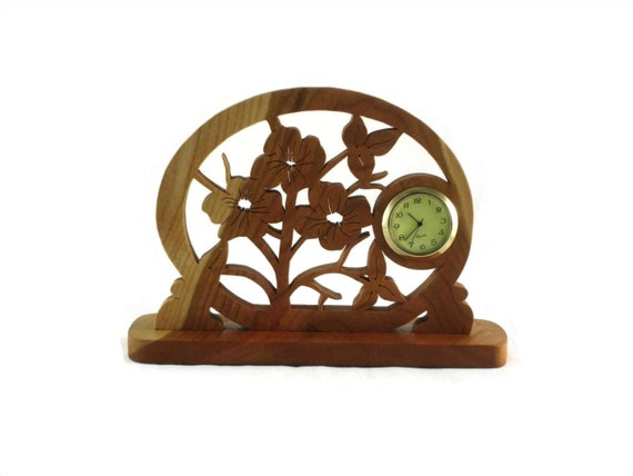 Handmade Cherry Wood Pansies Clock: Floral Desk Decor