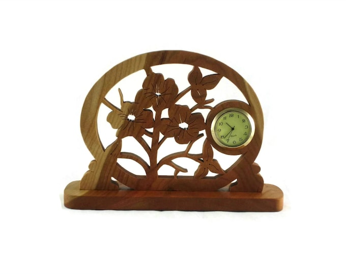 Wooden Flower Pansies Desk / Shelf Clock Handmade From Cherry Wood, Floral Clock, Unique Decor, Housewarming Gift,