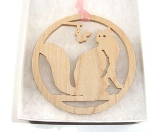 Cat Playing With Toy Bird Christmas Ornament Handmade From Maple Wood By KevsKrafts