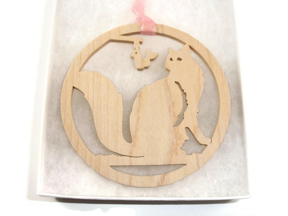 Cat Playing With Toy Bird Christmas Ornament Handmade From Maple Wood By KevsKrafts