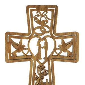 Wedding Marriage Cross Handmade From Oak Wood, Church, Bride, Groom, Doves, Hearts, Bells, Flowers, and Cross image 2