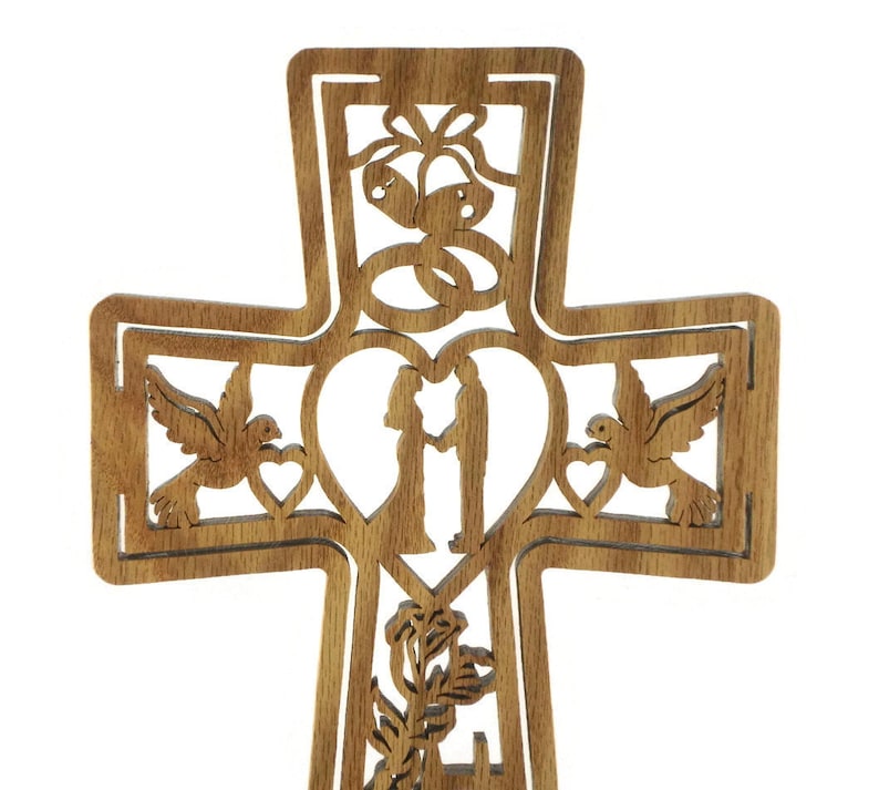 Wedding Marriage Cross Handmade From Oak Wood, Church, Bride, Groom, Doves, Hearts, Bells, Flowers, and Cross image 2