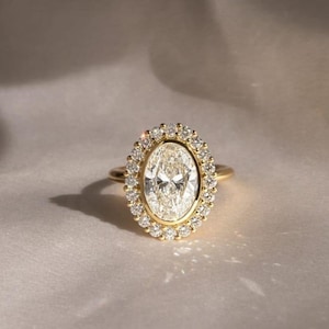 14K Yellow Gold Engagement Ring | 3 CT Oval Cut Moissanite Diamond Ring | Classic Handmade Halo-Bezel Ring for Women | Anniversary Gift Ring