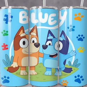 Envoltorio para vaso con huellas azules, vaso con tapa abatible para niños de 20 oz con diseño de familia de perros azules en 3D, vaso recto PNG, vaso infantil con dibujos animados