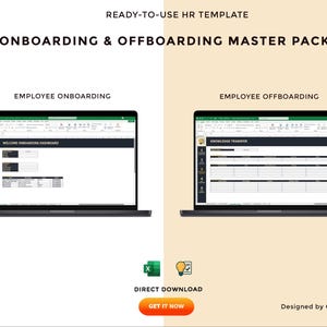 May include: A digital graphic advertising an HR template pack. The text reads "ONBOARDING & OFFBOARDING MASTER PACK" with sections for employee onboarding and offboarding. Includes a "GET IT NOW" button and "DIRECT DOWNLOAD" icon.