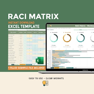 RACI Matrix Excel Template, Responsibility Chart, Team Roles Tracker, Workload Dashboard, Filled Example Included
