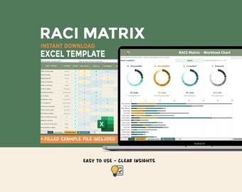RACI Matrix Excel Template, Responsibility Chart, Team Roles Tracker, Workload Dashboard, Filled Example Included