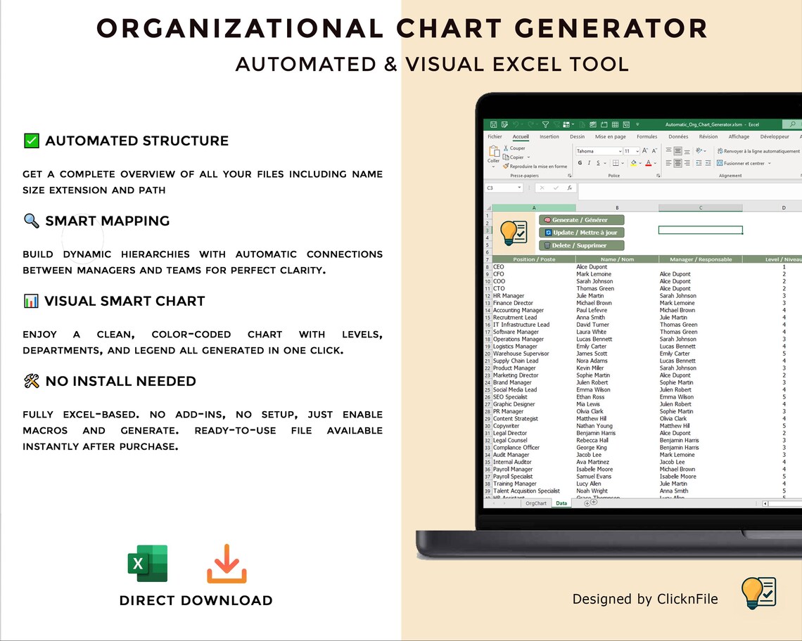 Org Chart Generator Excel | Automatic Organizational Chart Template - Etsy