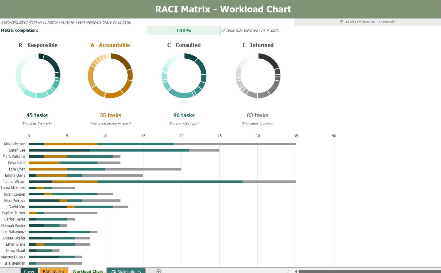 RACI Matrix Excel Template, Responsibility Chart, Team Roles Tracker ...