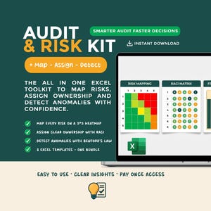 May include: A laptop screen displays an "Audit & Risk Kit" with the text "Smarter Audit Faster Decisions." The kit includes Excel templates for risk mapping, assigning ownership, and detecting anomalies. The screen shows a risk mapping heatmap, a RACI matrix, and a fraud detection chart.