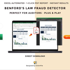 Könnte beinhalten: Ein Laptop zeigt eine Excel-Tabelle und einen PDF-Bericht mit dem Text "BENFORD'S LAW FRAUD DETECTOR". Das Bild enthält ein Excel-Symbol, ein PDF-Symbol und eine Schaltfläche "GET IT NOW". Der Text lautet "EXCEL AUTOMATED 1-CLICK PDF REPORT INSTANT RESULTS."
