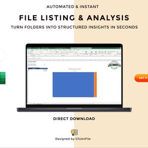 May include: A laptop displays an Excel spreadsheet with a blue and orange chart. The text reads "FILE LISTING & ANALYSIS" and "TURN FOLDERS INTO STRUCTURED INSIGHTS IN SECONDS." An orange "GET IT NOW" button is visible. The image also includes the text "DIRECT DOWNLOAD" and the Excel logo.
