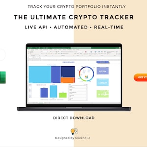 May include: A laptop displays a spreadsheet dashboard with charts and data, promoting a crypto tracker. The screen shows blue, orange, and green data visualizations. Text includes "THE ULTIMATE CRYPTO TRACKER" and "GET IT NOW". A green Excel icon is on the left.