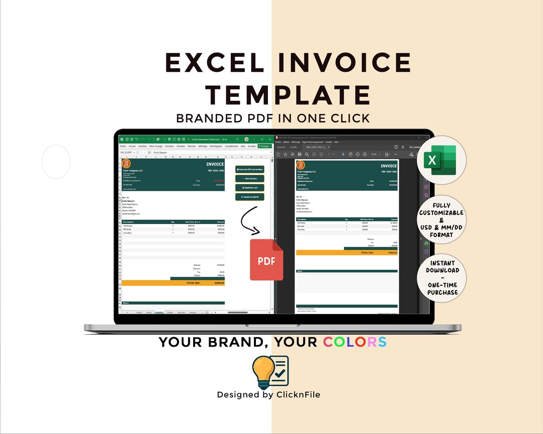 Branded Excel Invoice Template, Generate Professional PDF Invoices in ...