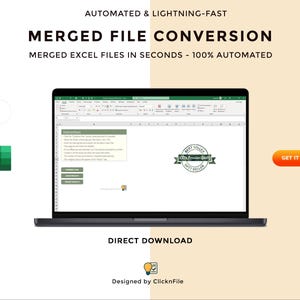 Peut inclure: Un écran d'ordinateur portable affiche une feuille de calcul Excel avec le texte "MERGED FILE CONVERSION". L'image comprend le logo Excel, un bouton "GET IT NOW" et le texte "DIRECT DOWNLOAD". Le fond est beige clair.
