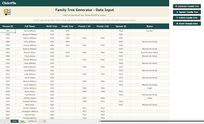 Family Generator Automatic Family Tree Maker for Excel | Genealogy Chart Generator | One ...